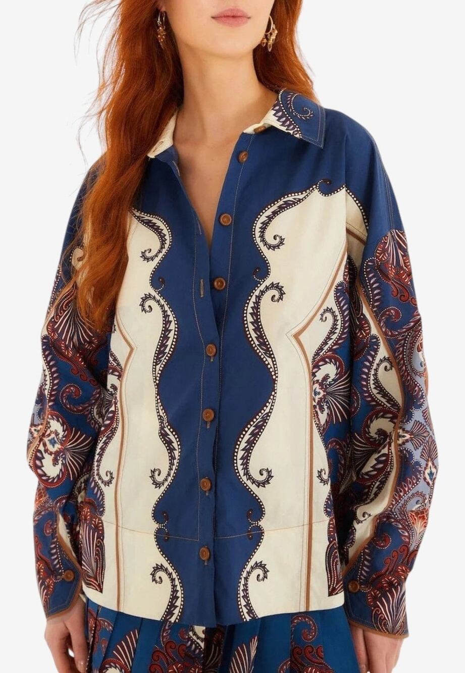 FARM Rio Women's XS Blue Sand Arabesque Scarf Long Sleeve Shirt Western NWT